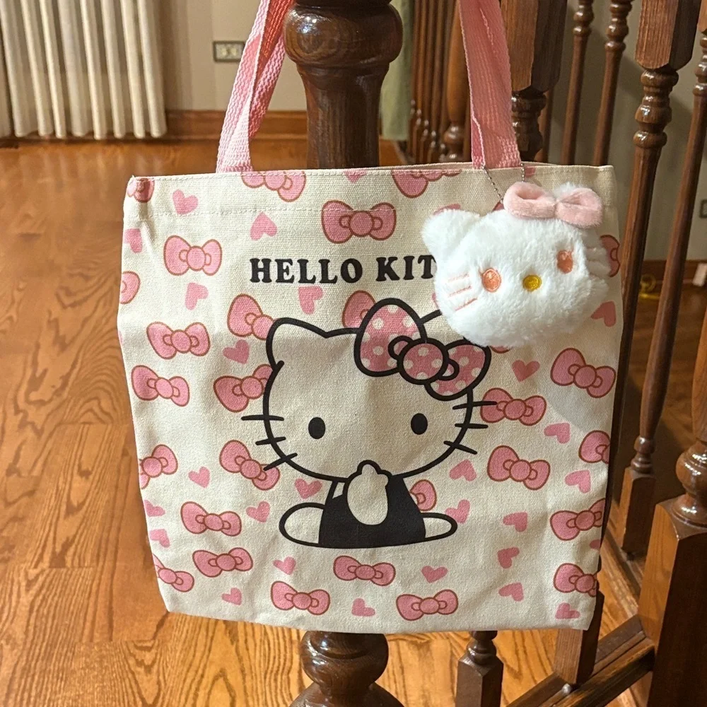 Hello Kitty Pink Tote canvas Bag zipper closure / small hello kitty stuffy NWOT